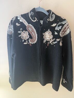 Coldwater Creek wool vintage Zip Front Black Sweater Cardigan Embroidered XL